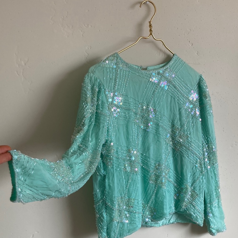 Mermaid beaded micro puff sleeve silk bead embroidered  long sleeve top